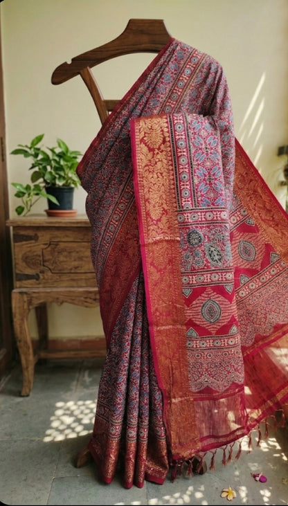 Buy Ajrakh Modal Silk Saree with Lagdi Pallu | Handloom Block Print Saree Online