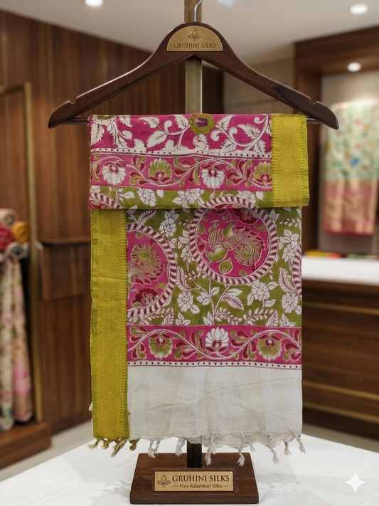 Nizam Border Kalamkari Dupattas – Pink