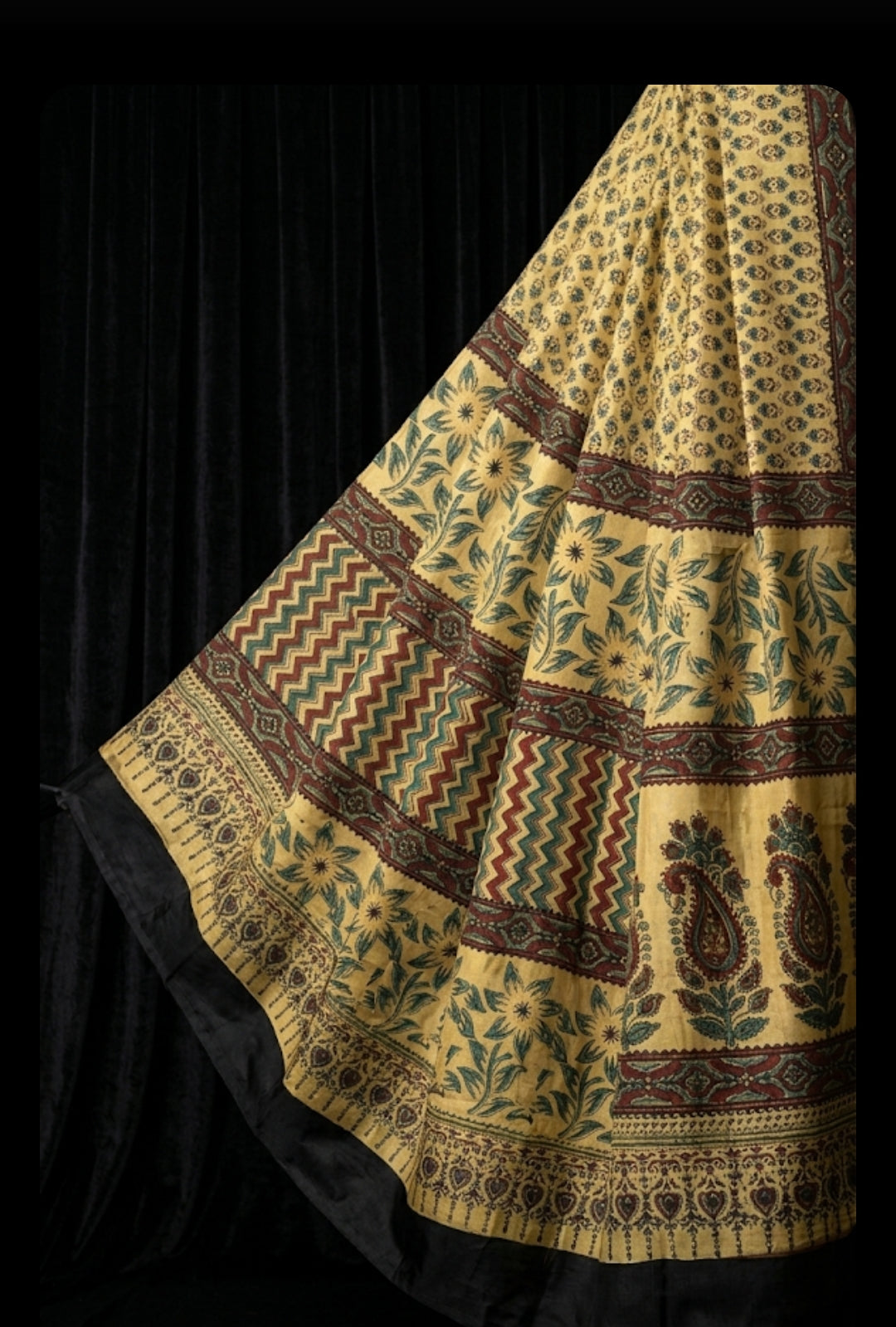 Ajrakh Modal Silk Saree Cream yellow