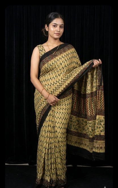 Ajrakh Modal Silk Saree Cream yellow