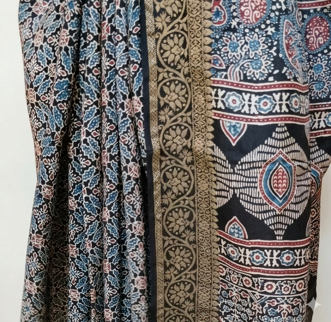Buy Ajrakh Modal Silk Saree with Dola Silk Pallu | Handloom Block Print Saree Online