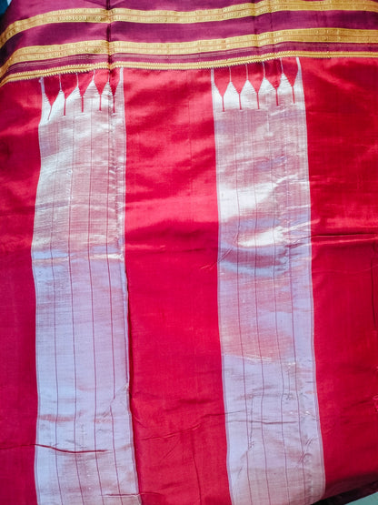 Satin Silk Saree - Red with Maroon