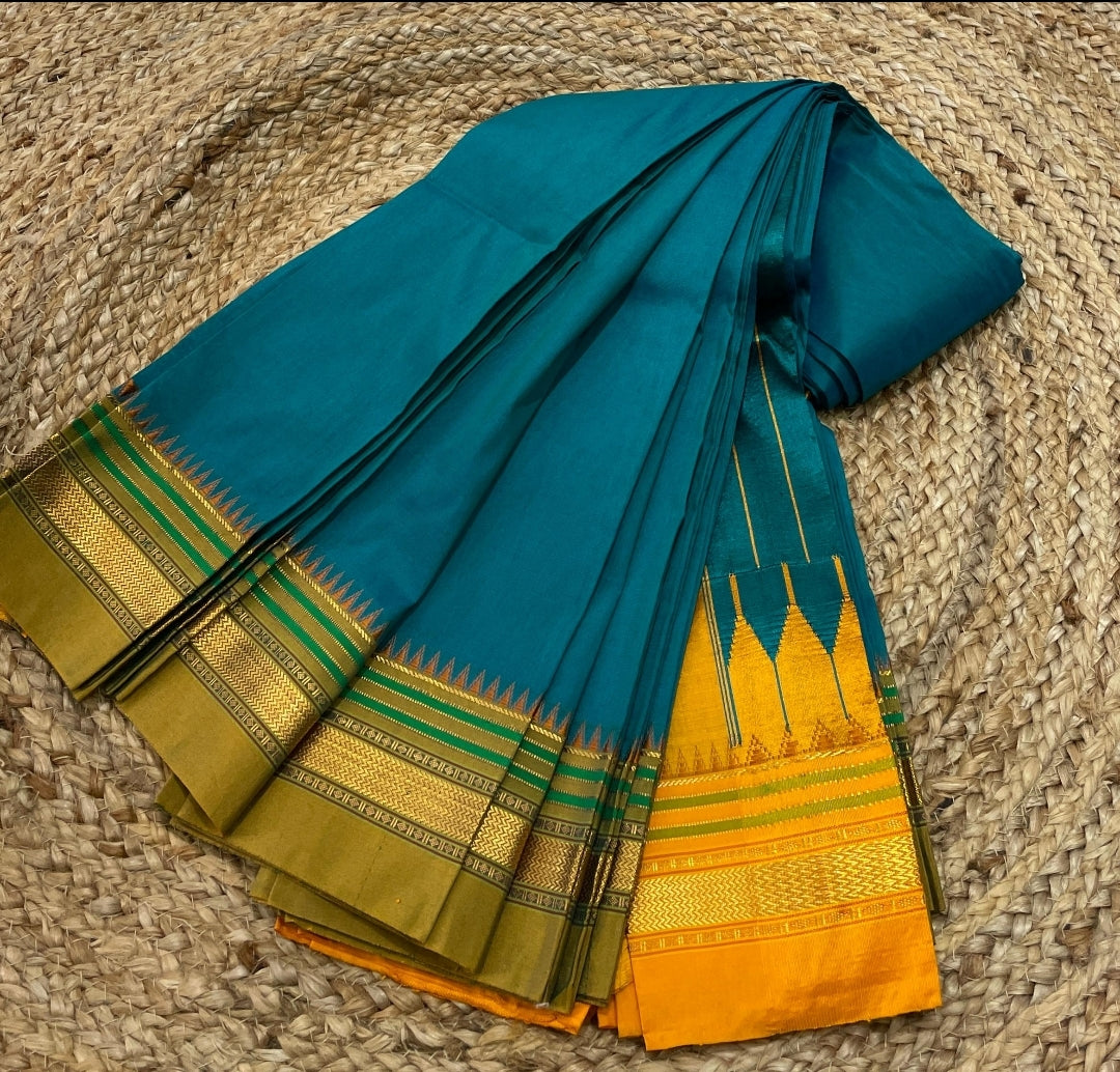 Pure Handloom Cotton Saree with Pure Silk Border Aqua Green with Organge