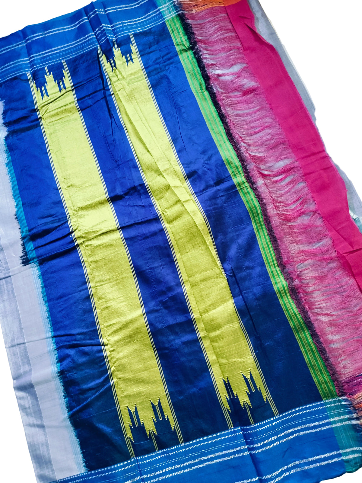 Satin Silk Ilkal Saree with Silver Border - Green with Blue