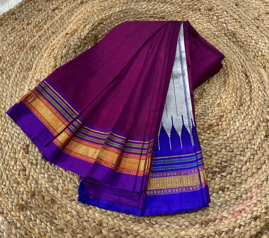 Pure Handloom Cotton Saree with Pure Silk Border Purple with Blue
