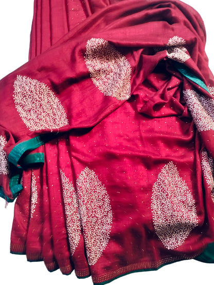 Designer Saree - Maroon with Peacock Blue