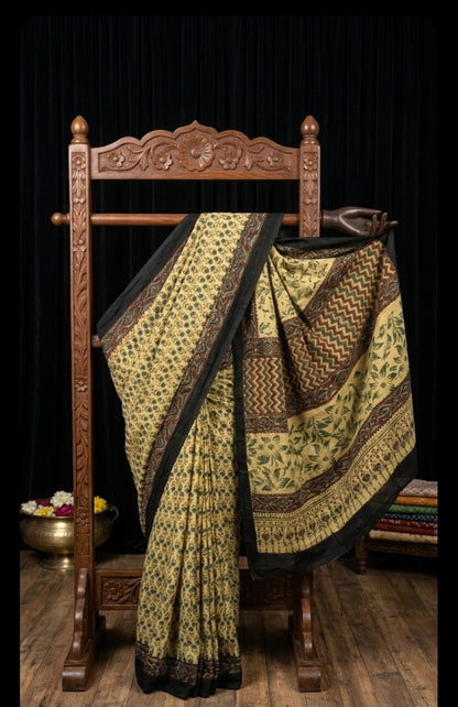 Ajrakh Modal Silk Saree Cream yellow