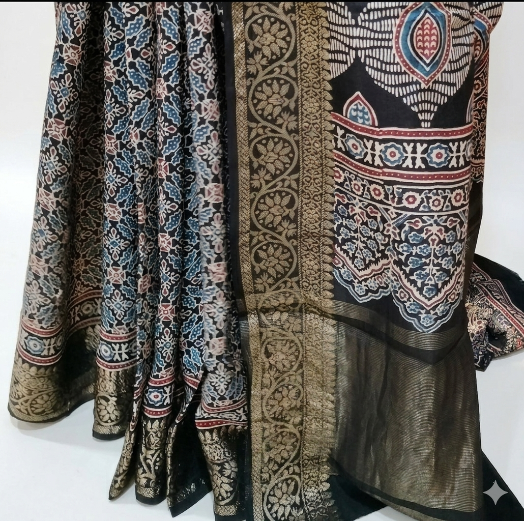 Buy Ajrakh Modal Silk Saree with Dola Silk Pallu | Handloom Block Print Saree Online
