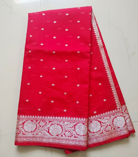 Red Semi Banarasi Saree with Silver Zari Weaving | Festive Saree