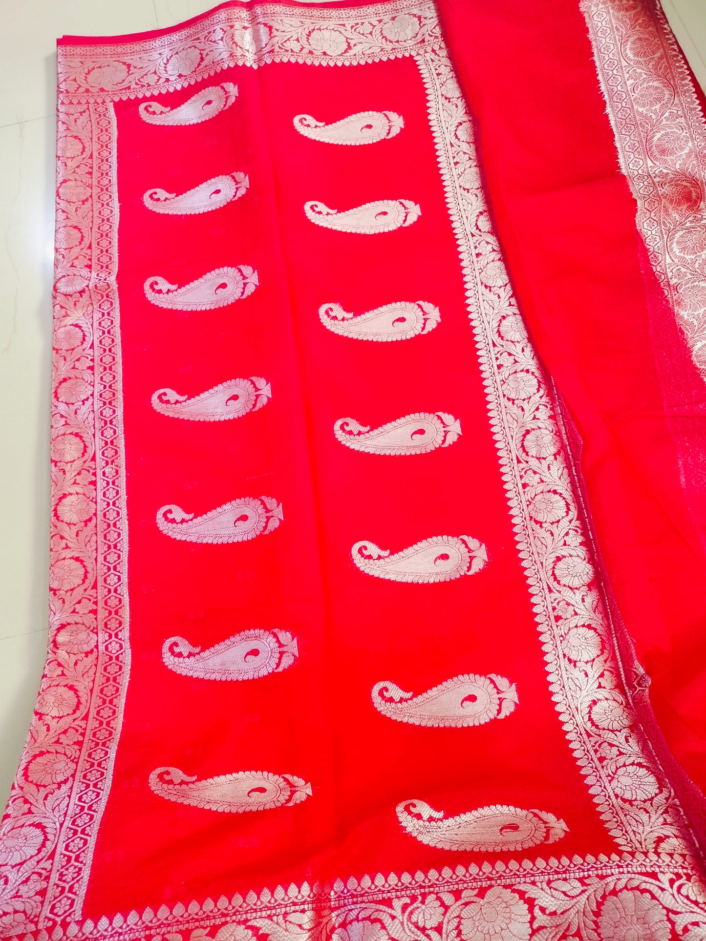 Red Semi Banarasi Saree with Silver Zari Weaving | Festive Saree