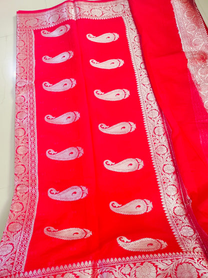 Red Semi Banarasi Saree with Silver Zari Weaving | Festive Saree