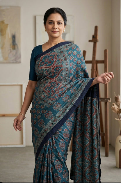 Ajrakh Modal Silk Saree Indigo Blue