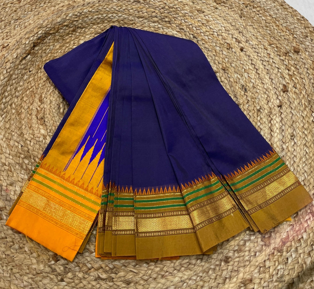 Pure Handloom Cotton Saree with Pure Silk Border Blue with Orange Border
