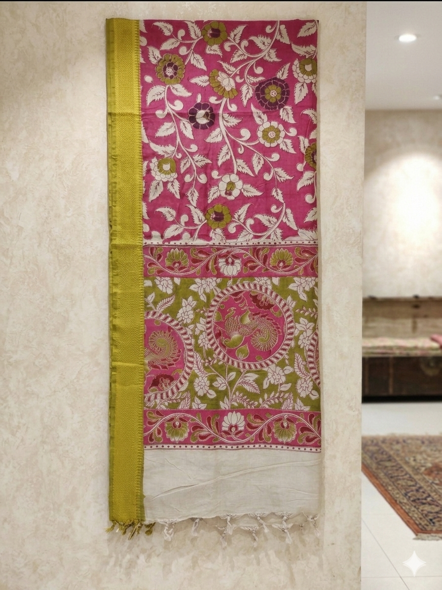 Nizam Border Kalamkari Dupattas – Pink