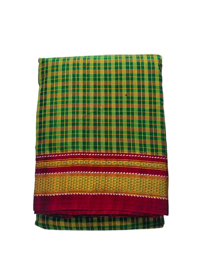 Pure Chikki Paras Saree with Pure Silk Pallu - Green big checks