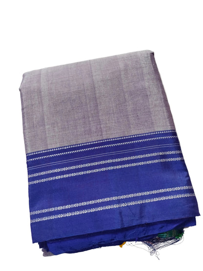 Satin Silk Ilkal Saree with Silver Border - Green with Blue