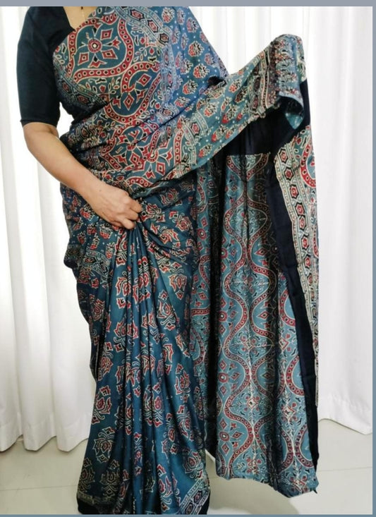 Ajrakh Modal Silk Saree Indigo Blue