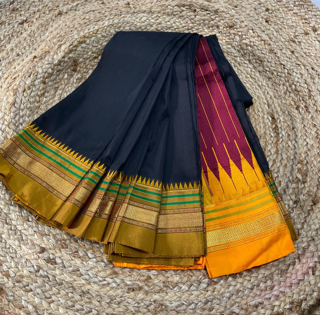 Pure Handloom Cotton Saree with Pure Silk Border Black with Orange border