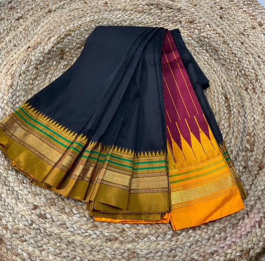 Pure Handloom Cotton Saree with Pure Silk Border Black with Orange border