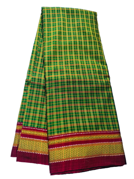 Pure Chikki Paras Saree with Pure Silk Pallu - Green big checks